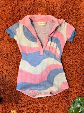 House of Sunny Pastel Wave Knit Romper in Pink, Blue, Cream